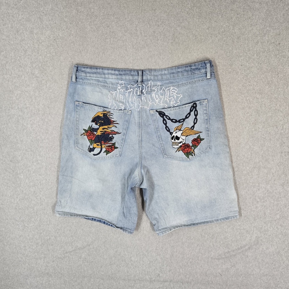 Ninth Hall Men Shorts 36 Light Blue Denim Y2K Grunge Embroidered Graphic Skull